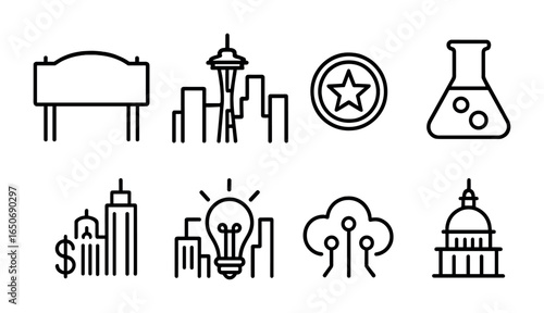 American Innovation Icon Set. Outline icon set of American innovation hubs: Silicon Valley sign, Seattle tech