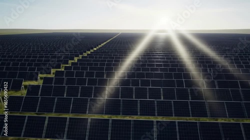 Rows of solar panels stretching out into the distance on a sunny day
