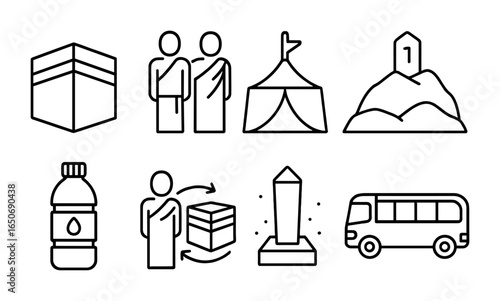 Hajj Pilgrimage Icons. Outline icon set of Hajj pilgrimage: Kaaba, Ihram clothing, tent in Mina, Mount Arafat,
