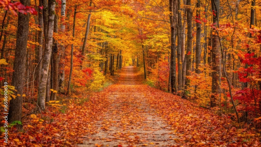 Fototapeta premium Vibrant autumn forest path covered in fallen leaves