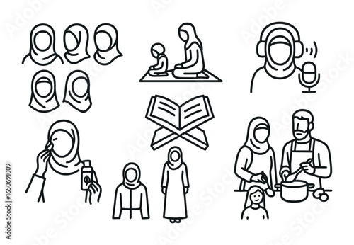 Muslim Lifestyle Icons. Outline icon set of Muslim woman lifestyle: hijab styles, prayer with child, halal