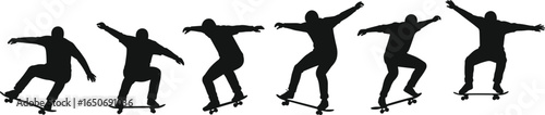 Silhouette skateboard rider performing stunt tricks, skateboarding jump sequence, skater action figure, extreme sport illustration, urban street skating style, black skater design