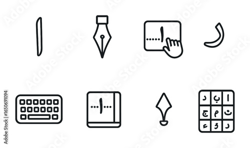 Arabic Script Icon Set. Outline icon set of Arabic script basics: alif symbol, writing pen, letter tracing,