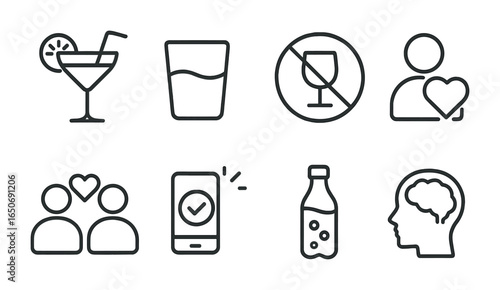 Alcohol-Free Icon Set. Outline icon set of alcohol-free lifestyle: mocktail, water glass, no alcohol sign,