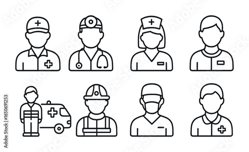 Emergency Staff Icons. Outline icon set of emergency care staff: paramedic, ER doctor, trauma nurse, triage