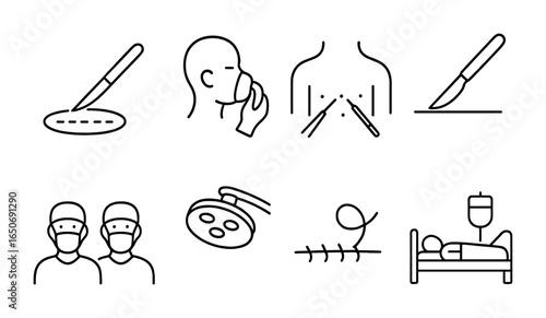 Surgical Procedure Icons. Outline icon set of surgical procedures: incision, anesthesia, laparoscopic view,