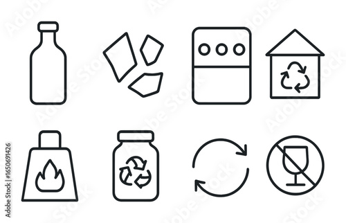Glass Recycling Icons. Outline icon set of glass recycling: glass bottle, glass shards, color sort, collection