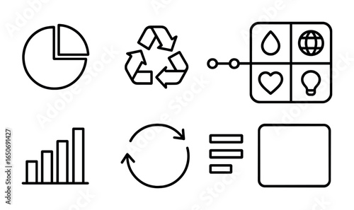 Sustainability Icon Set. Outline icon set of sustainability infographic layout: pie chart, recycle flow, green