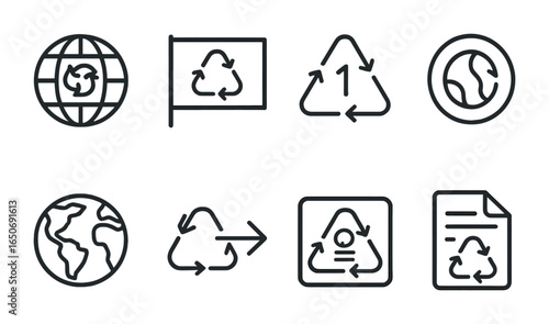 Global Recycling Icons. Outline icon set of global recycling standards: ISO icon, EU directive, US recycling