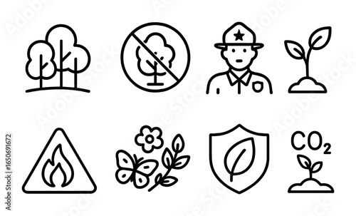 Forest Protection Icons. Outline icon set of forest protection: tree line, logging ban, forest ranger, tree