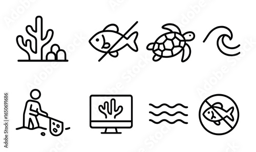 Ocean Conservation Icons. Outline icon set of ocean conservation: coral reef, plastic-free fish, sea turtle,