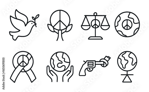 Green Peace Icons. Outline icon set of green peace symbols: dove with leaf, peace tree, climate justice scale,