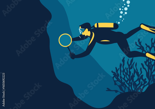 Businessman scuba diving underwater with magnifying glass exploring ocean depths for research and discovery in flat minimalist vector style