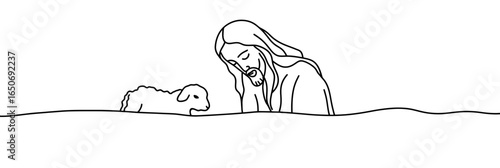 Continuous line art illustration of spiritual Jesus Christ with lamb in minimalist flat vector style isolated on white background for religious concept design