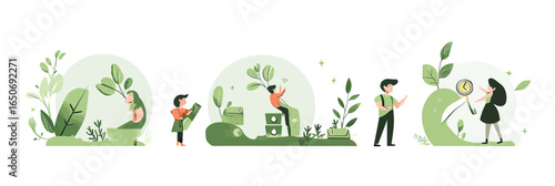 Sustainability concept illustration with diverse characters planting trees nurturing seedlings and measuring plant growth in minimalist flat vector style