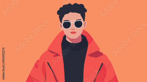 Portrait of young man wearing oversized red coat and black turtleneck with sunglasses minimal flat vector illustration on orange background
