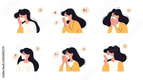 Woman wearing medical mask sneezing coughing wiping nose with tissue protecting from virus infection respiratory illness flat icons set
