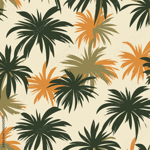 Seamless vintage 1970s style tropical palm leaf pattern with flat minimalist abstract green and orange foliage on beige background for fabric and wallpaper design