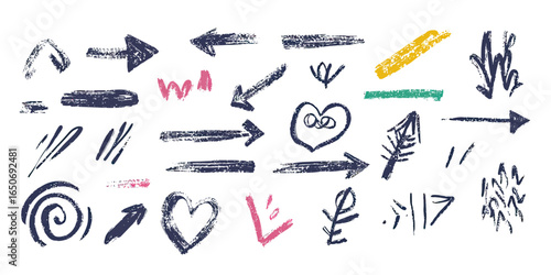 Hand drawn arrow and spiral vector set with grunge brush strokes, rough textured hearts and abstract doodle elements for creative design and decoration