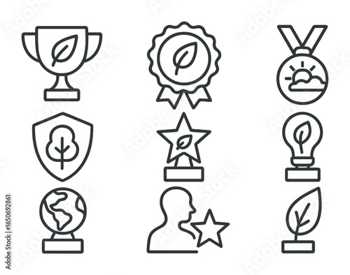 Eco Award Icons. Outline icon set of environmental awards: green trophy, eco badge, climate medal, tree