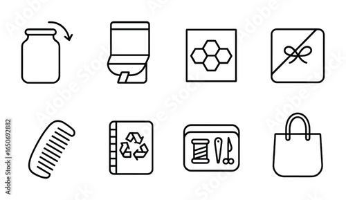 Zero Waste Icons. Outline icon set of zero waste habits: refill jar, bulk store, beeswax wrap, cloth napkin,