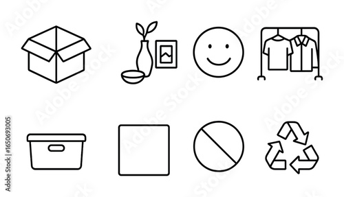 Minimalist Living Icons. Outline icon set of minimalist living: declutter box, simple decor, calm icon, basic
