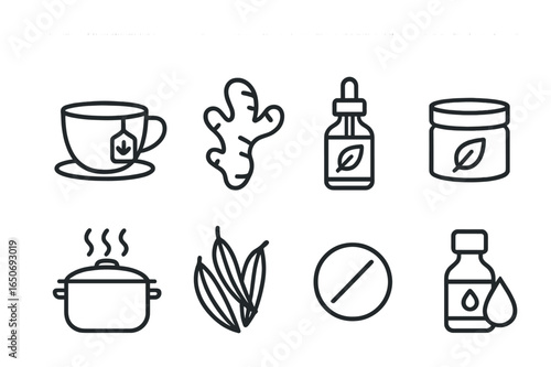 Natural Remedies Icons. Outline icon set of natural remedies: herbal tea, ginger root, tincture bottle,