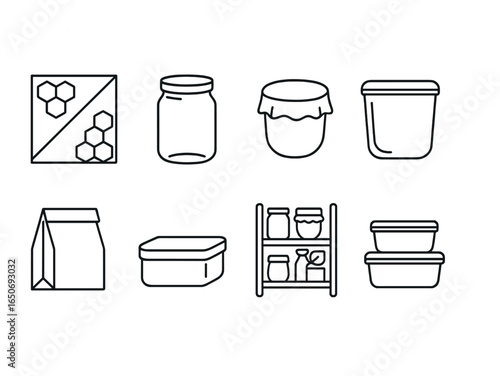 Eco Food Storage Icons. Outline icon set of eco food storage: beeswax wrap, glass jar, fabric cover, silicone