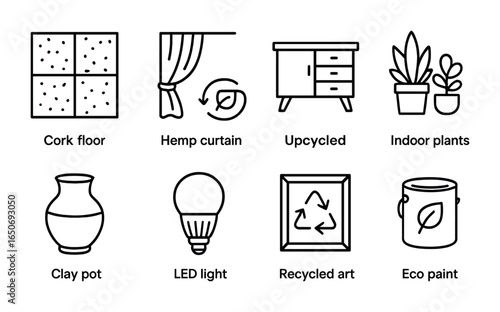 Eco-Friendly Interior Icons. Outline icon set of sustainable interiors: cork floor, hemp curtain, upcycled