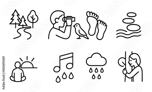 Nature Connection Icons. Outline icon set of nature connection: forest trail, birdwatch icon, barefoot walk,