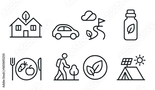 Sustainable Tourism Icons. Outline icon set of sustainable tourism: eco lodge, carbon-free travel, green trail