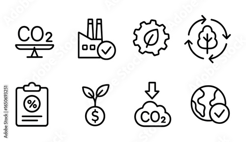 Net-Zero Economy Icons. Outline icon set of net-zero economy: carbon balance, neutral factory, clean