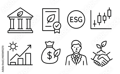 Eco Investment Icons. Outline icon set of green investment: eco bank, green bonds, ESG score, sustainable