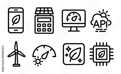 Green Tech Icons. Outline icon set of green tech tools: energy app, solar calculator, eco dashboard, weather