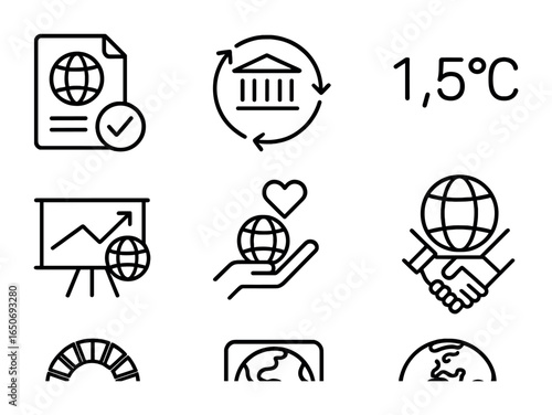 Global Climate Icons. Outline icon set of global climate goals: Paris Agreement, COP icon, 1.5°C target, net