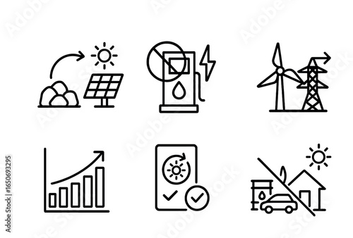 Energy Transition Icons. Outline icon set of energy transition: coal to solar, gas shutdown, wind ramp-up,