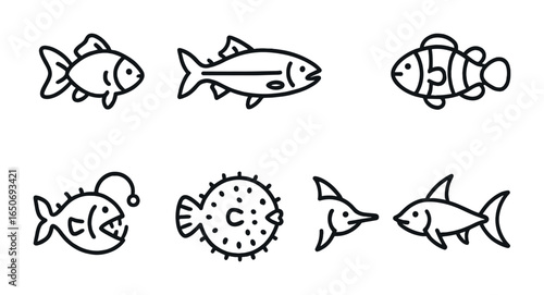 Fish Species Icons. Outline icon set of fish species: goldfish, salmon, tuna, clownfish, anglerfish,