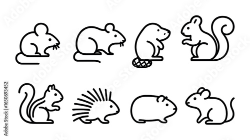 Rodent Outline Icons. Outline icon set of rodents: mouse, rat, beaver, squirrel, chipmunk, porcupine, guinea
