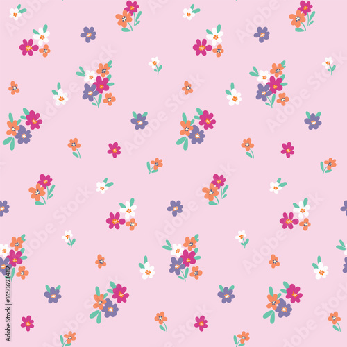 Seamless floral pattern, liberty ditsy print in gentle pastel colors. Cute botanical design, fond textile print: mini hand drawn plants, small pretty flowers, tiny leaves on pink. Vector illustration.