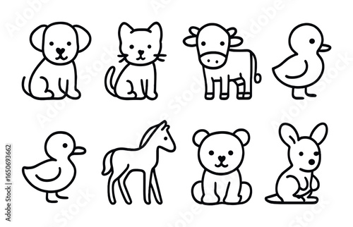 Baby Animal Icons. Outline icon set of baby animals: puppy, kitten, calf, chick, duckling, foal, cub, joey.
