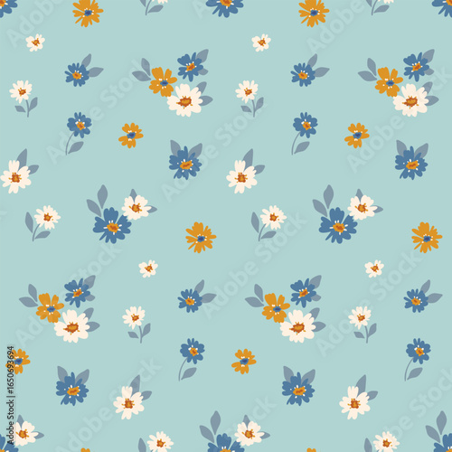 Seamless floral pattern, liberty ditsy print in delicate folk, country motif. Pretty gentle botanical design of small hand drawn daisy flowers, tiny leaves, simple mini bouquets on blue. Vector.