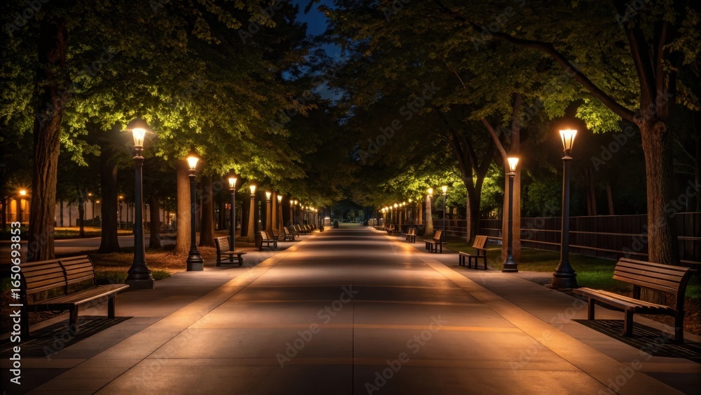 Fototapeta premium Enchanting tree lined pathway illuminated by warm lanterns at night