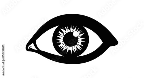 A black and white illustration of a human eye with detailed iris and surrounding eyelid shape design