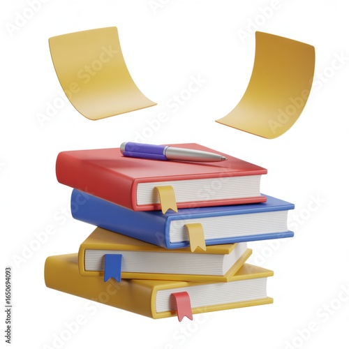 Stack of colorful books with golden bookmarks