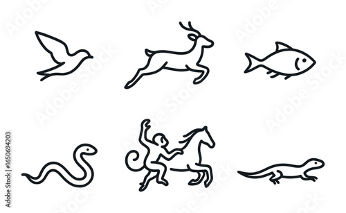 Animal Motion Icons. Outline icon set of animals in motion: flying bird, running deer, jumping kangaroo,