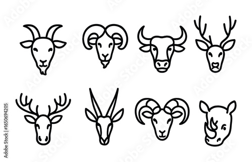 Horned Animal Icons. Outline icon set of animals with horns: goat, ram, buffalo, deer, moose, antelope,