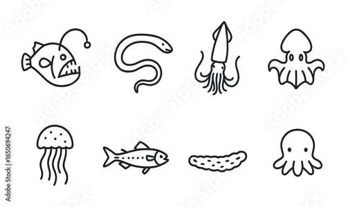Deep Sea Icons. Outline icon set of deep sea animals: anglerfish, gulper eel, giant squid, vampire squid, deep