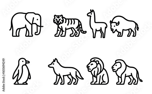 Continental Animal Icons. Outline icon set of animals by continent: elephant (Africa), tiger (Asia), kangaroo
