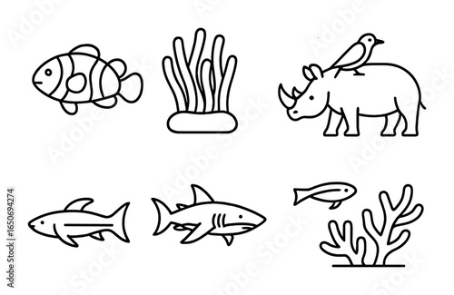 Symbiotic Animal Icons. Outline icon set of symbiotic animals: clownfish, anemone, oxpecker, rhino, remora,
