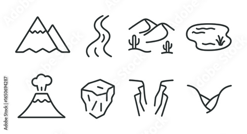 Physical Geography Icons. Outline icon set of physical geography: mountain, river, desert, lake, volcano,